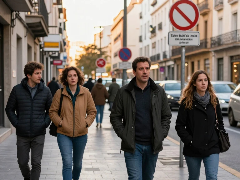 Extranjeros recién llegados a España caminando por una ciudad española moderna, con mezcla de emociones: confusión, esperanza y búsqueda de orientación. Estilo realista, luz cálida, ambiente urbano, señalizaciones en español, sensación de empezar una nueva vida
